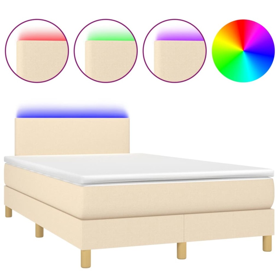 Cama box spring con colchón y LED tela crema 120x200
