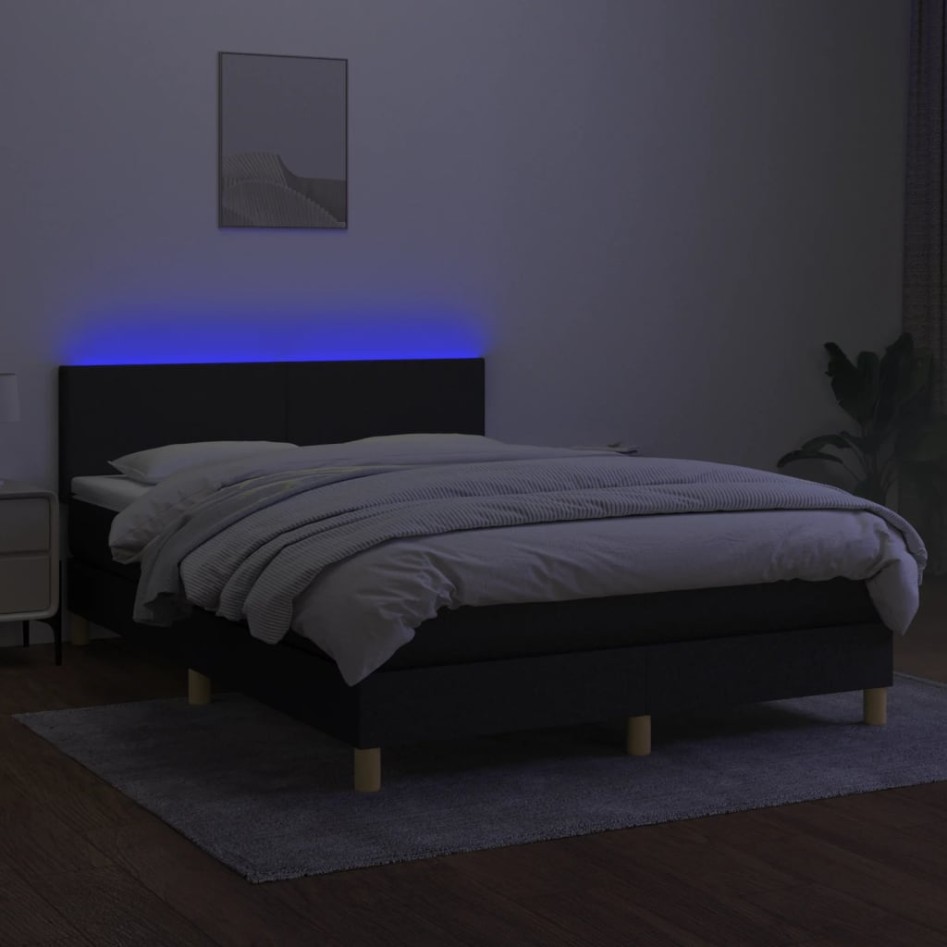 Cama box spring colchón y luces LED tela negro 140x200