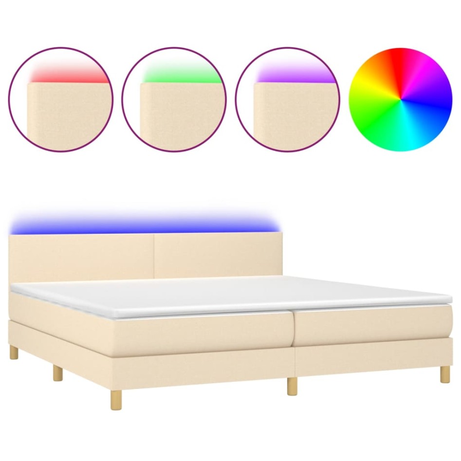 Cama box spring con colchón y LED tela crema 200x200