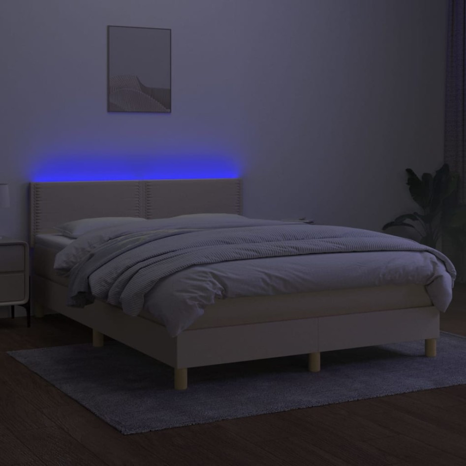 Cama box spring con colchón y LED tela crema 140x200