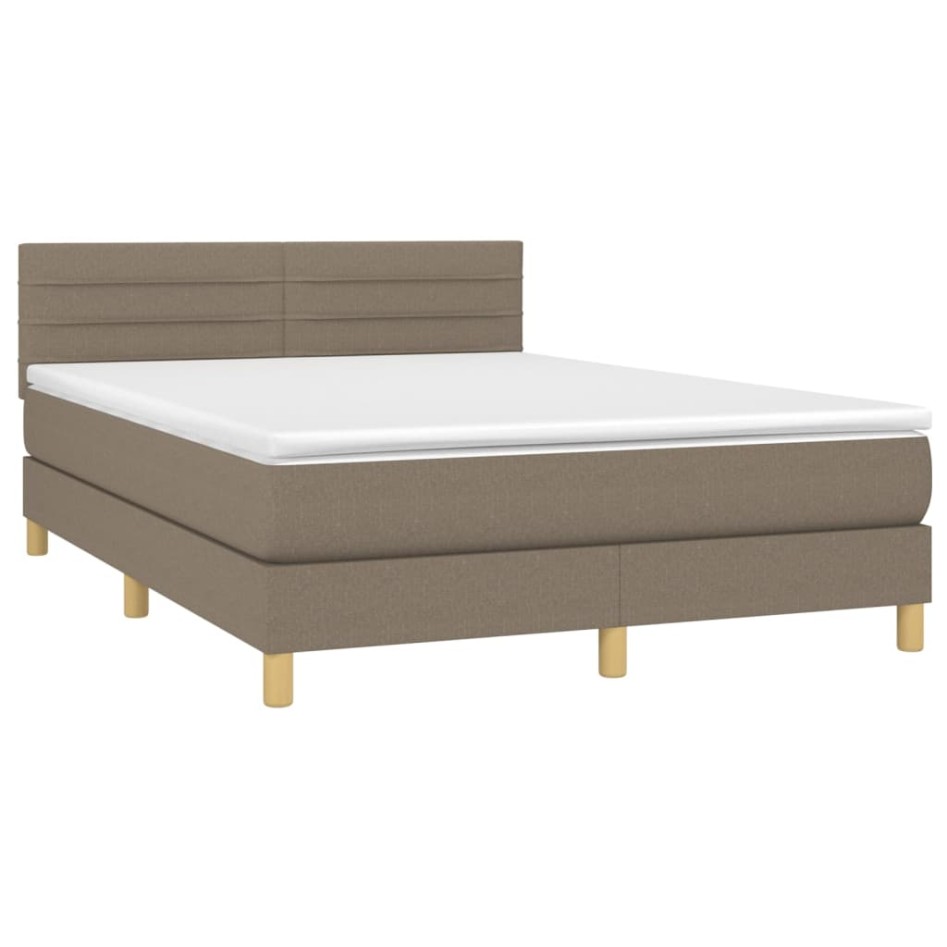 Cama box spring colchón y luces LED tela gris taupe 140x190