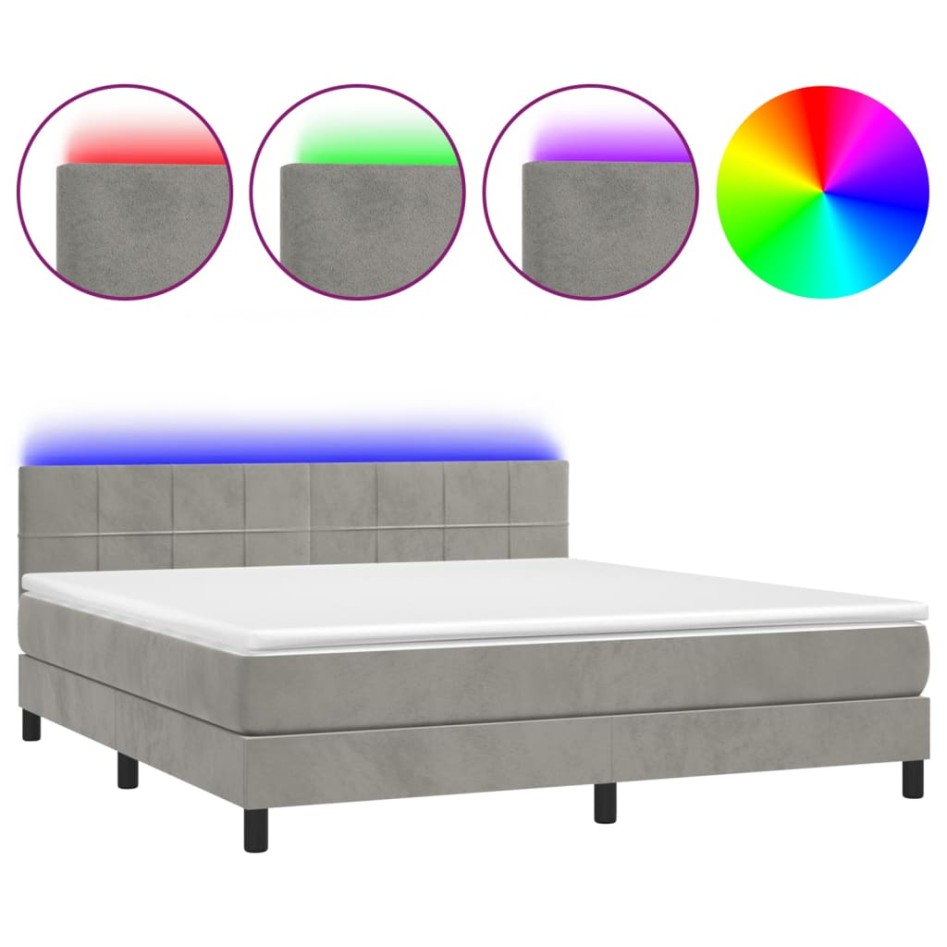 Cama box spring colchón y LED terciopelo gris claro 160x200