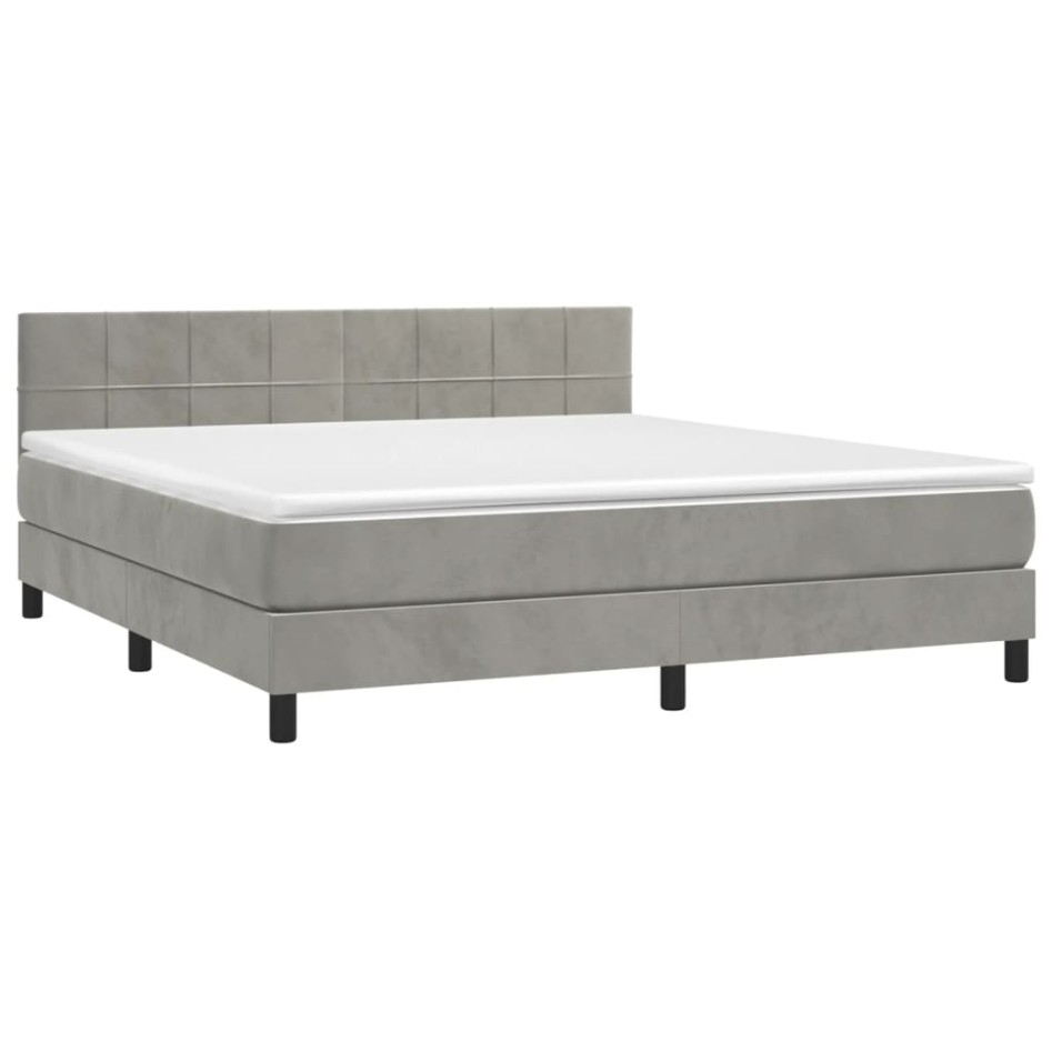 Cama box spring colchón y LED terciopelo gris claro 160x200