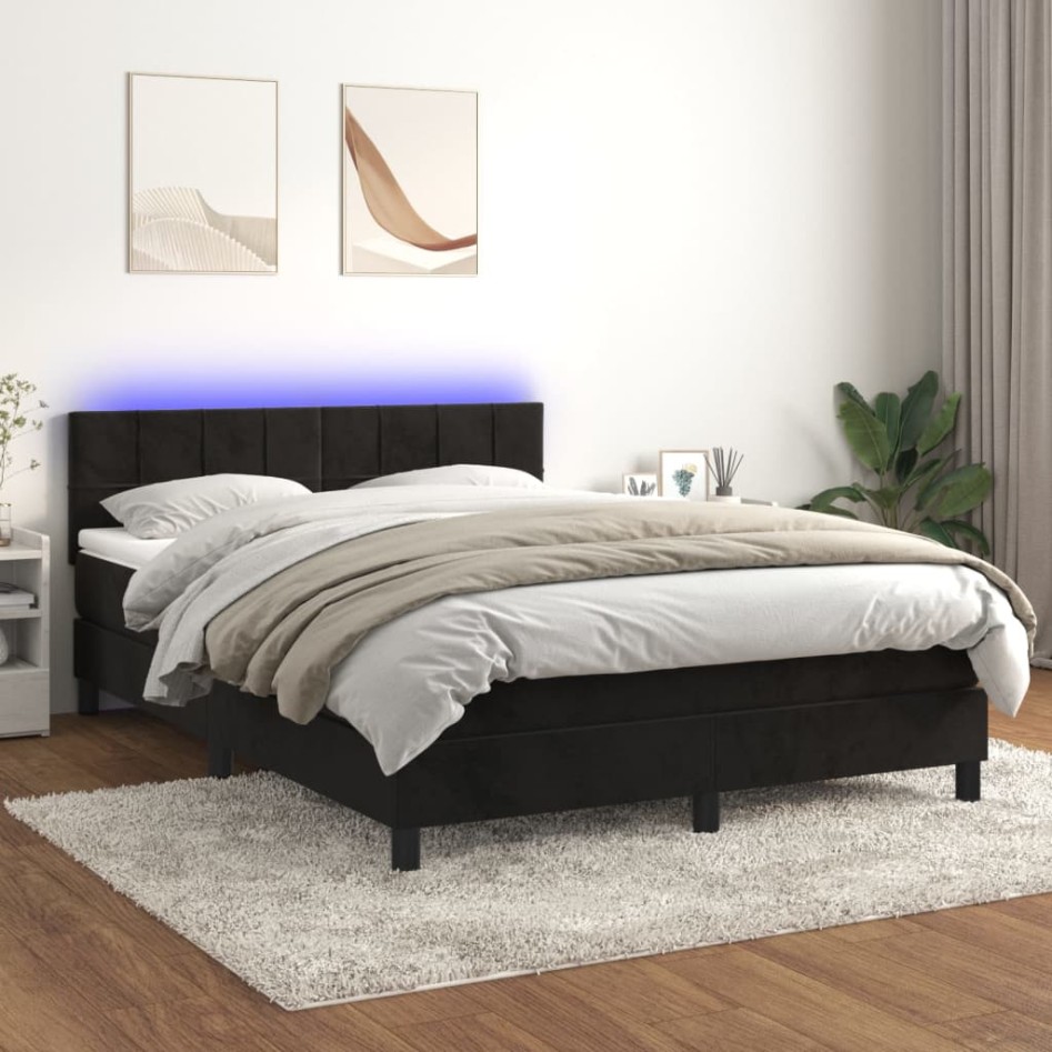 Cama box spring colchón y LED terciopelo negro 140x200