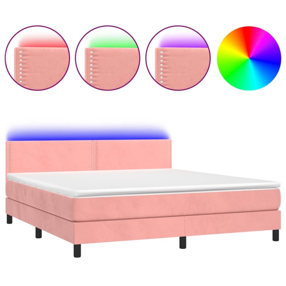 Cama box spring colchón y LED terciopelo rosa 180x200