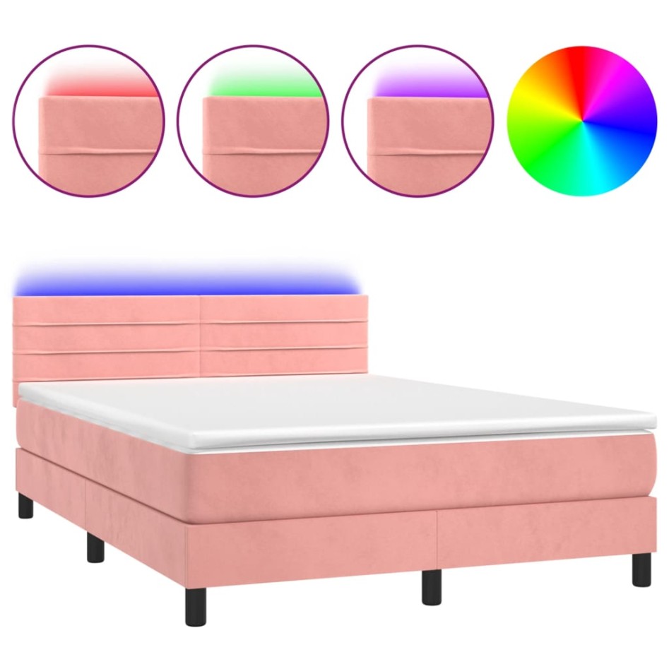 Cama box spring colchón y LED terciopelo rosa 140x200