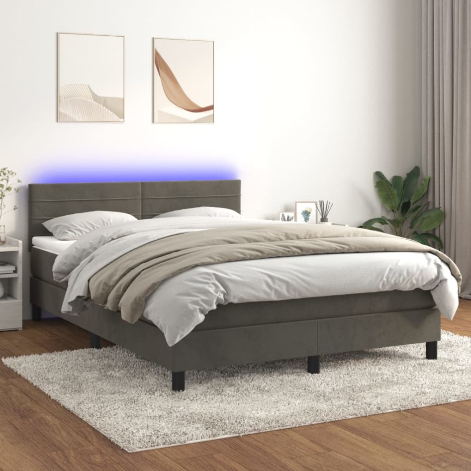 Cama box spring colchón y LED terciopelo gris oscuro 140x200