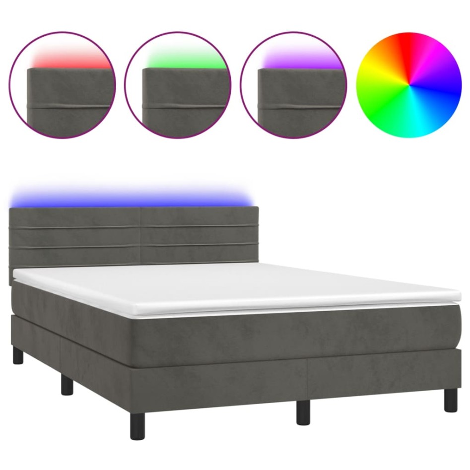 Cama box spring colchón y LED terciopelo gris oscuro 140x200