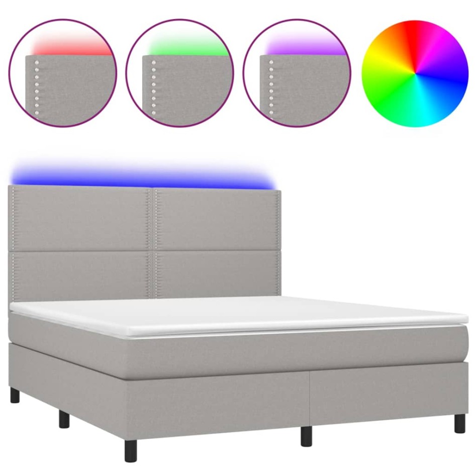 Cama box spring colchón y luces LED tela gris claro 160x200