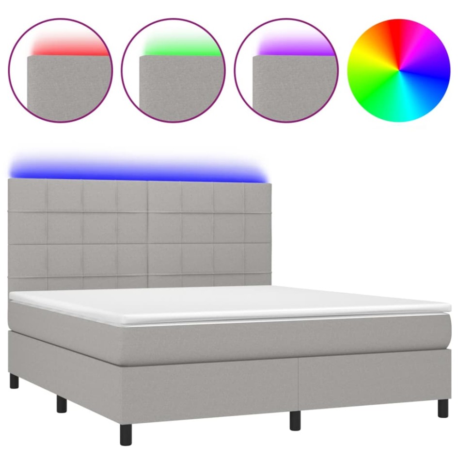 Cama box spring colchón y luces LED tela gris claro 160x200