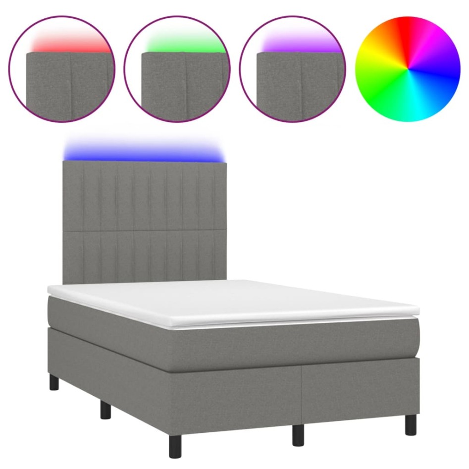 Cama box spring con colchón y LED tela gris oscuro 120x200
