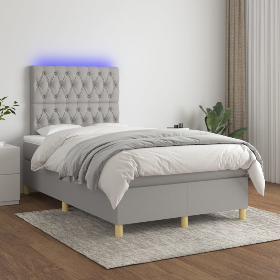 Cama box spring con colchón tela y LED gris claro 120x200