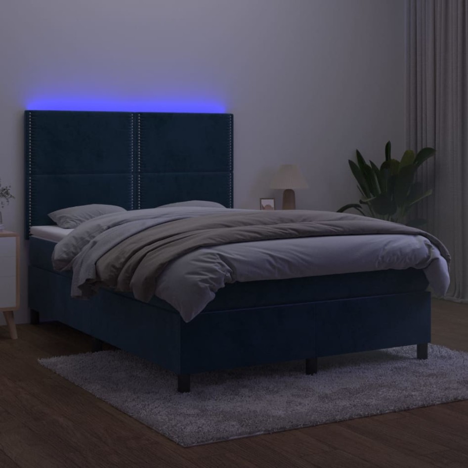 Cama box spring colchón y LED terciopelo azul oscuro 140x190