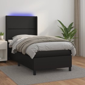 Cama box spring colchón y LED cuero sintético negro 100x200
