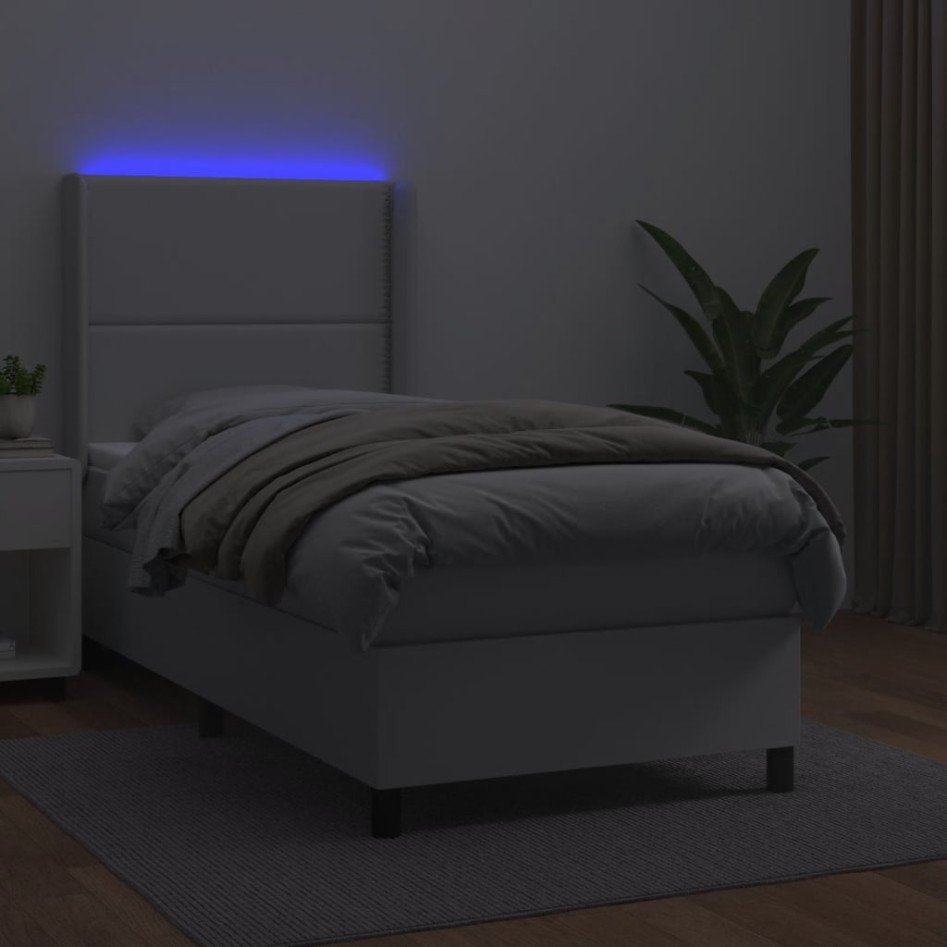 Cama box spring y colchón LED cuero sintético blanco 90x190