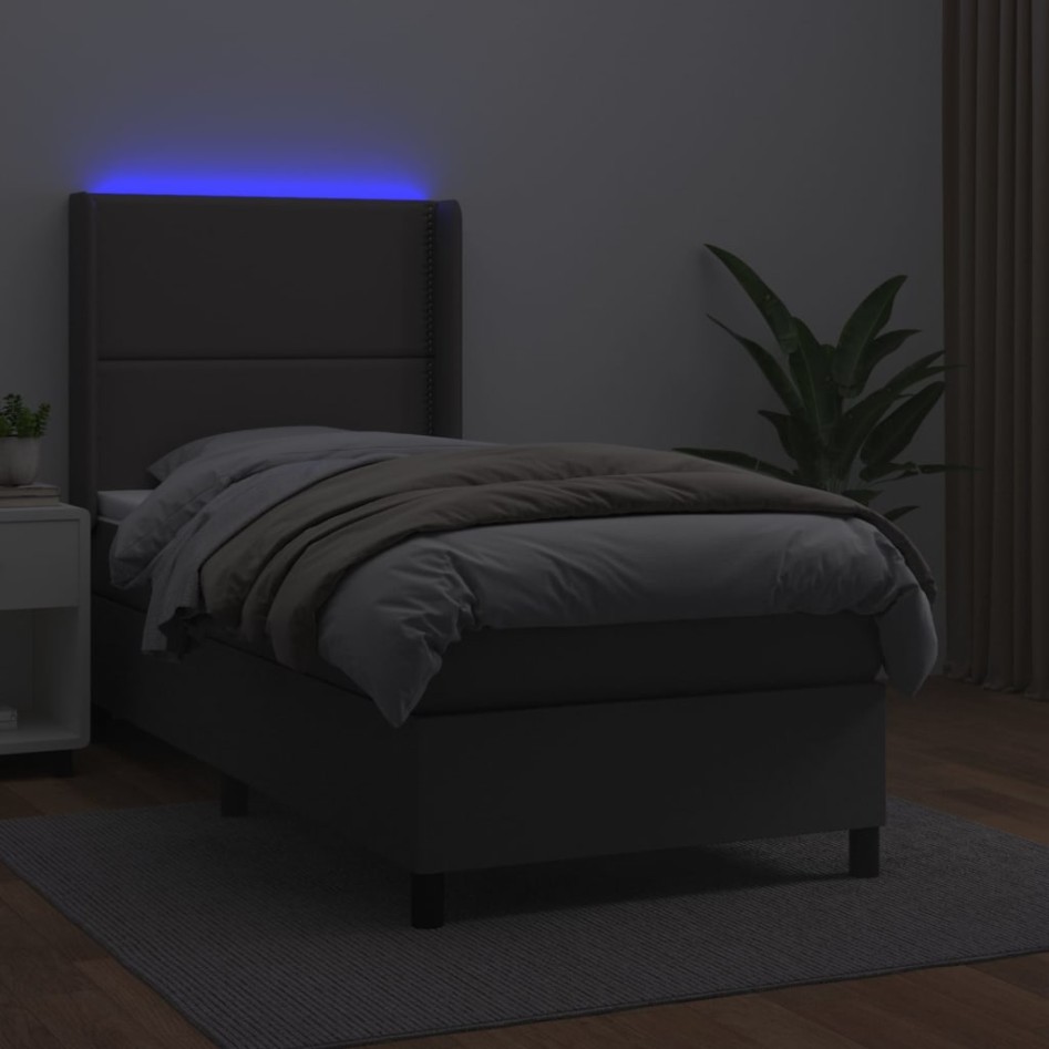 Cama box spring y colchón LED cuero sintético gris 90x200