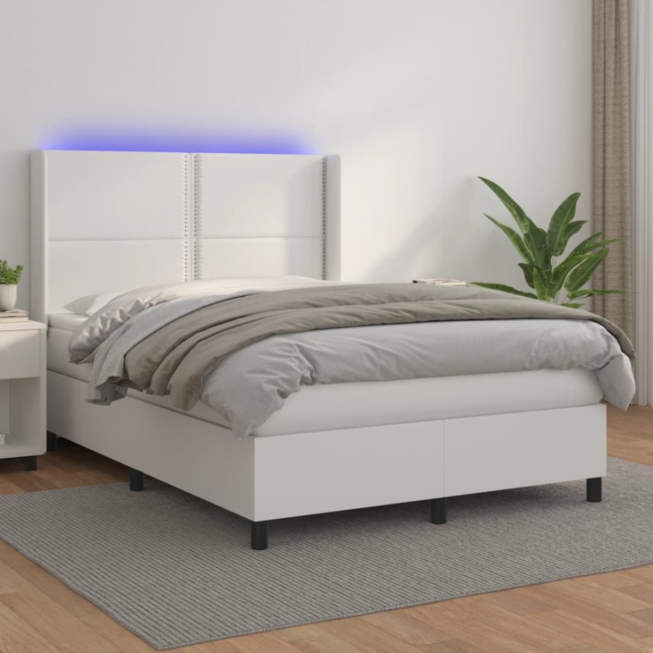Cama box spring colchón y LED cuero sintético blanco 140x200