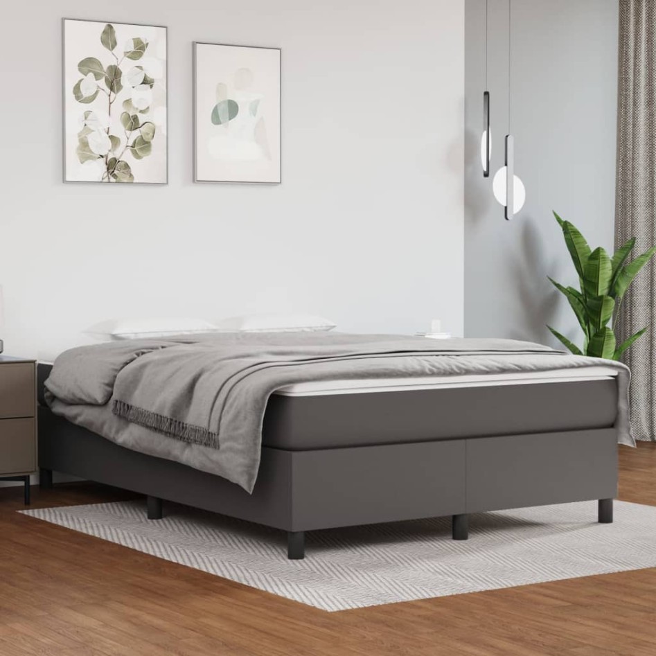 Cama box spring con colchón cuero sintético gris 140x200
