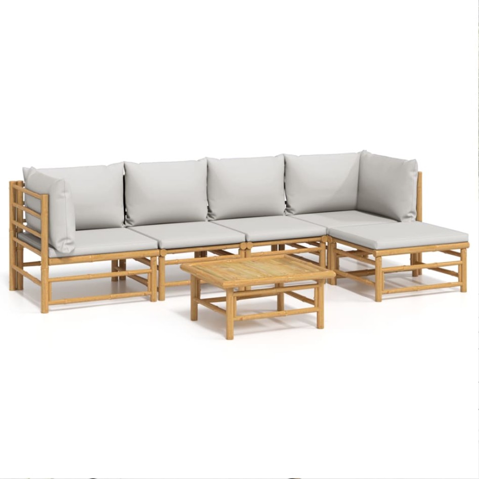 Set de muebles de jardín 6 piezas bambú con cojines gris
