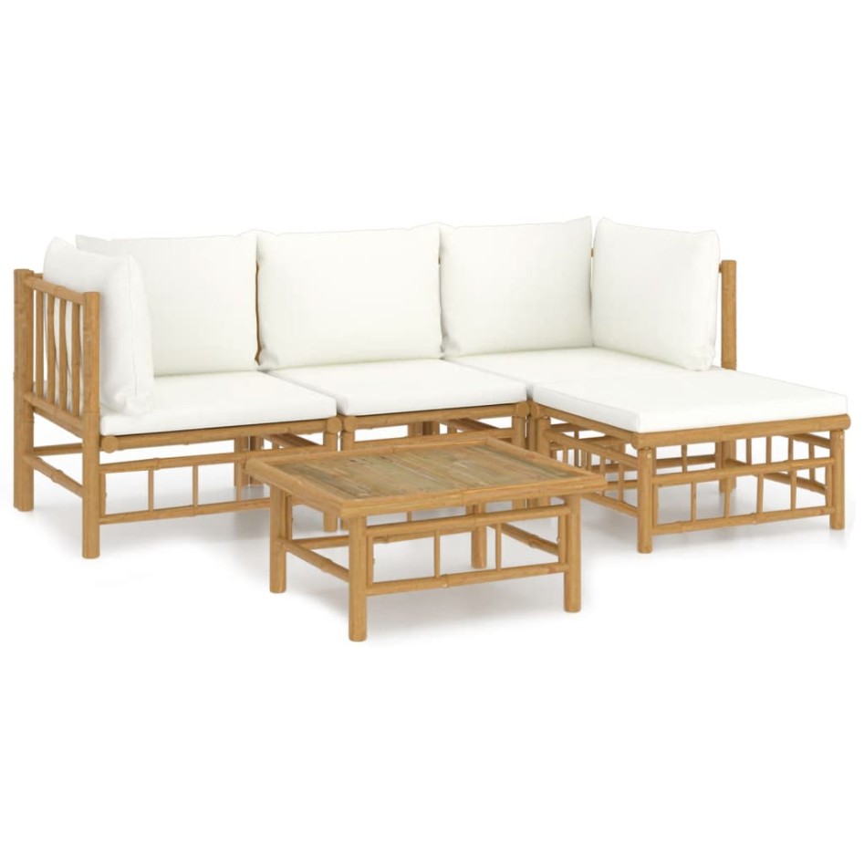 Set de muebles de jardín 5 piezas bambú y cojines blanco
