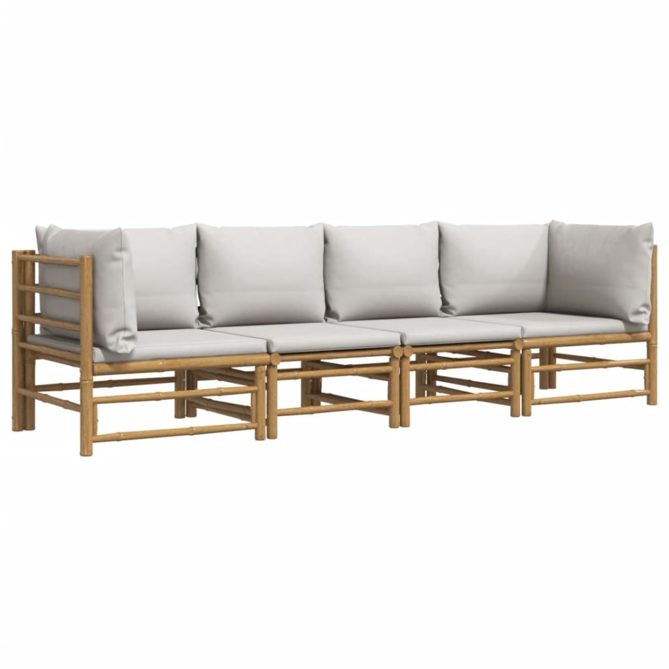 Set de muebles de jardín 4 piezas bambú y cojines gris