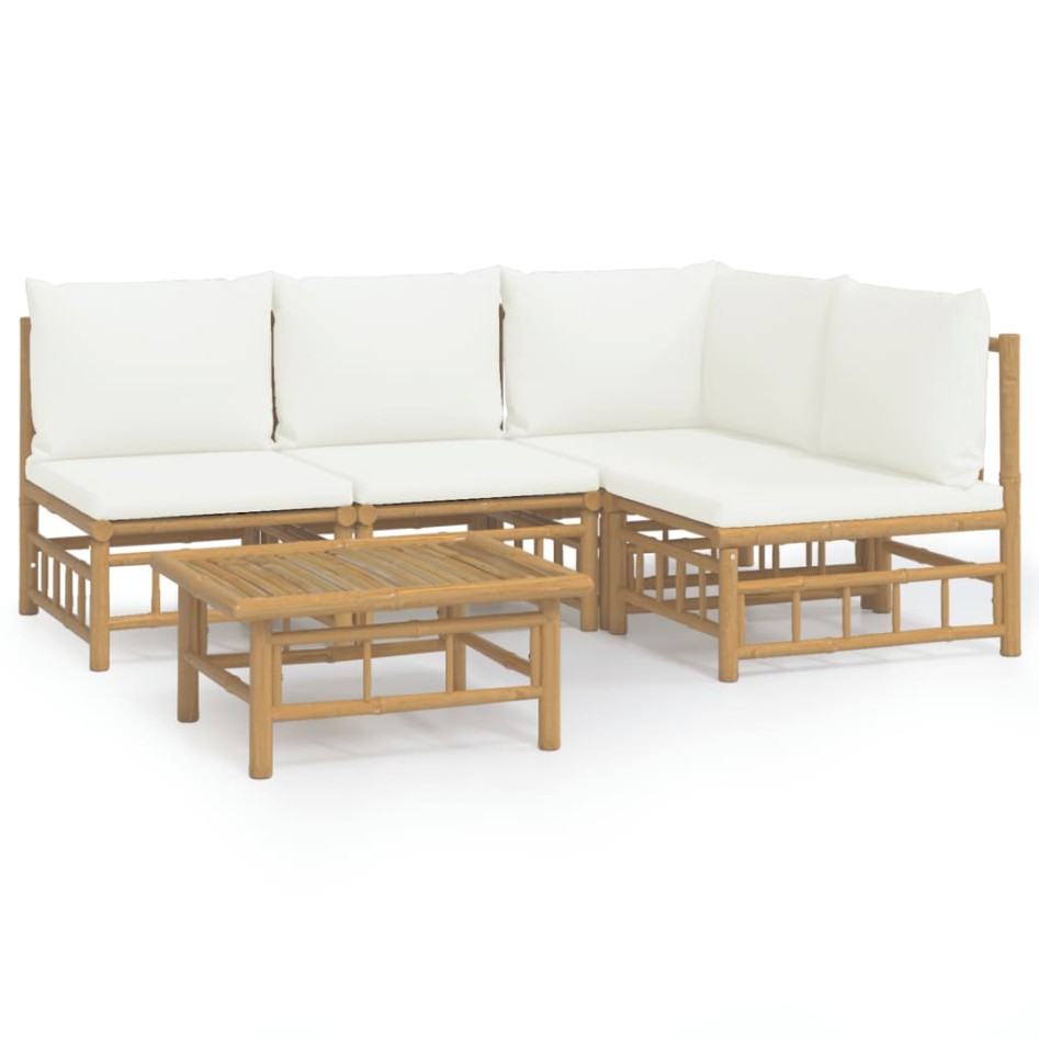 Set de muebles de jardín 5 piezas bambú y cojines blanco