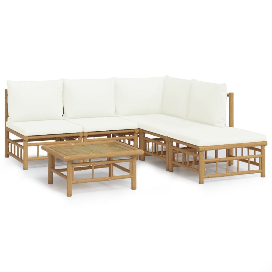 Set de muebles de jardín 6 piezas bambú y cojines blanco