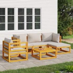 Set muebles de jardín 6 pzas madera maciza y cojines gris
