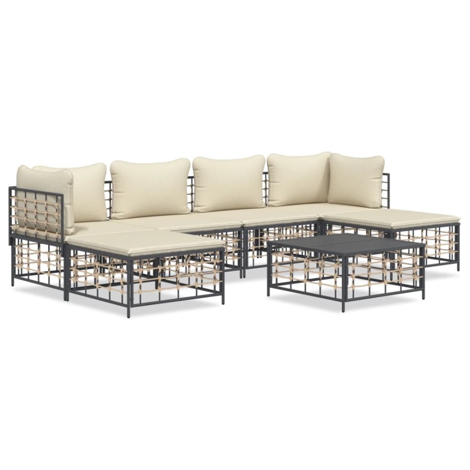 Set muebles de jardín 7 pzas y cojines ratán PE gris