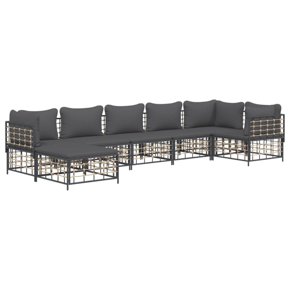 Set muebles de jardín 7 pzas y cojines ratán PE gris