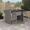 Mesa y taburetes altos jardín 5 piezas y cojines ratán PE gris