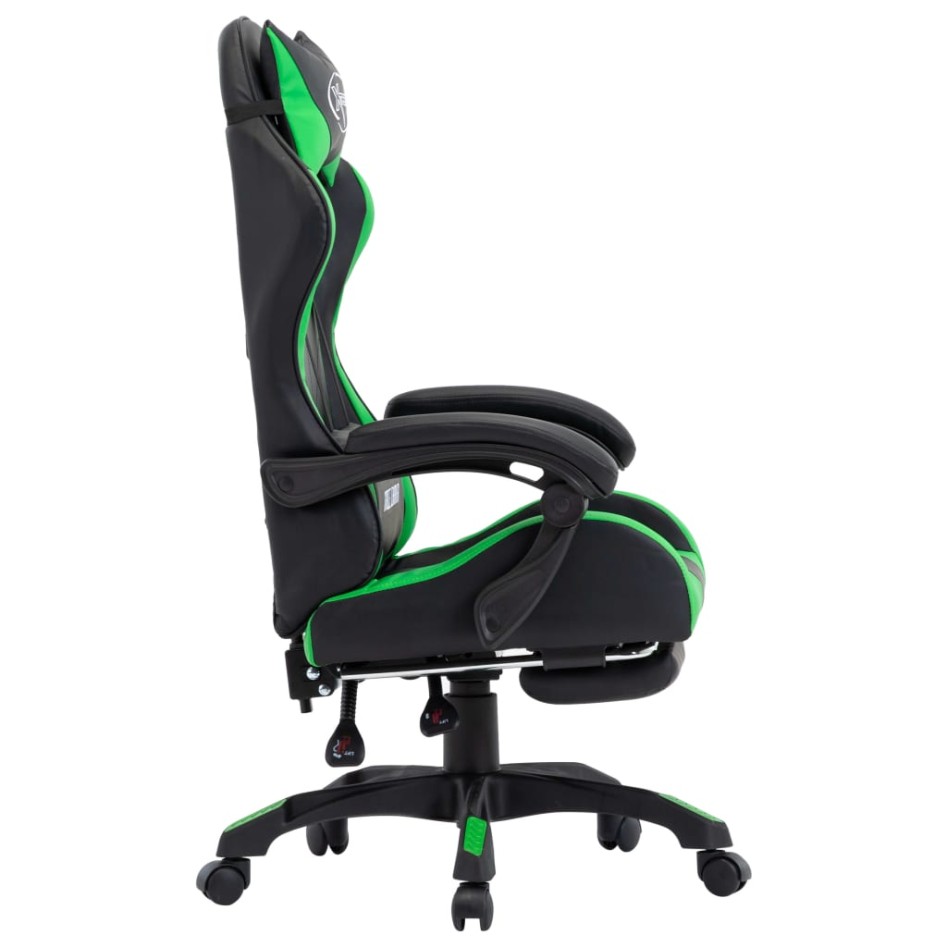 Silla gaming con reposapiés cuero sintético verde y