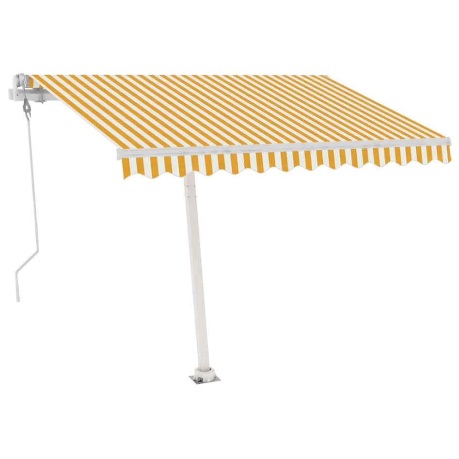 Toldo de pie automático amarillo y blanco 350x250