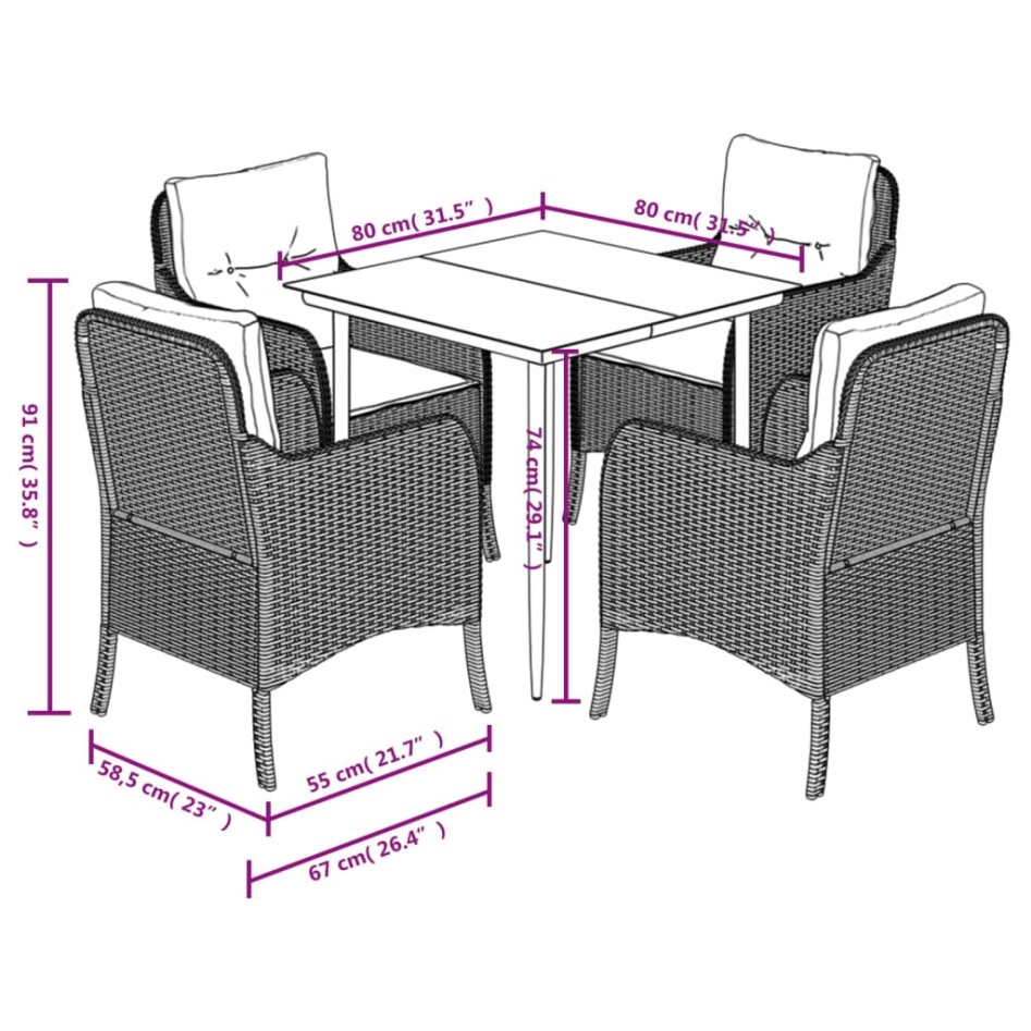 Set comedor de jardín 5 piezas y cojines ratán sintético