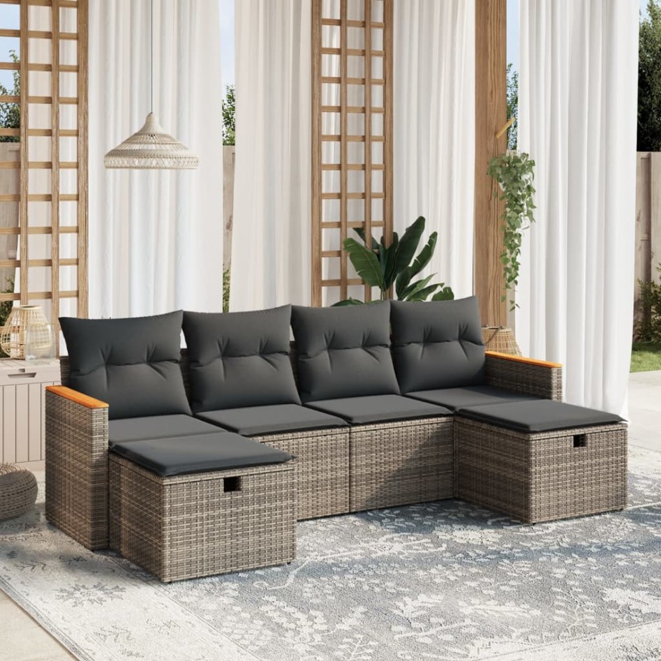 Set de muebles de jardín 6 pzas y cojines ratán sintético