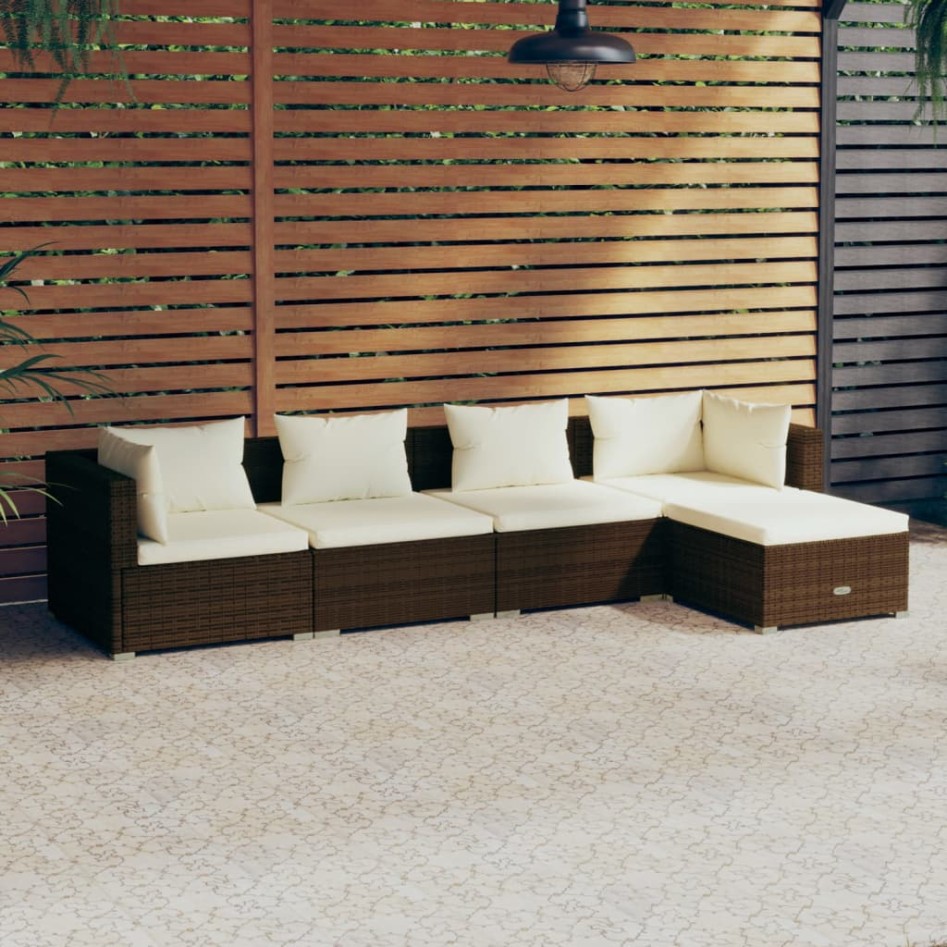 Set muebles de jardín 5 piezas y cojines ratán sintético