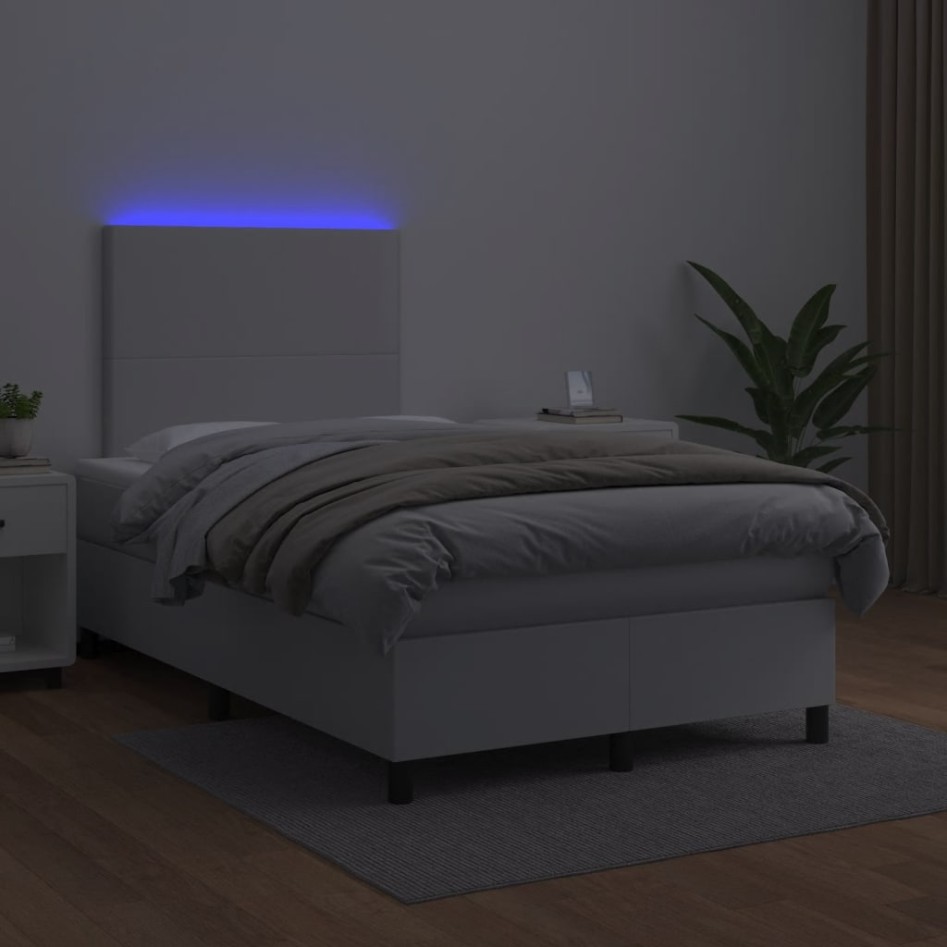 Cama box spring colchón y LED cuero sintético blanco 120x190