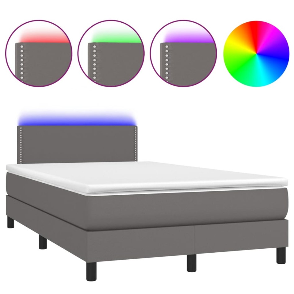 Cama box spring con colchón LED cuero sintético gris 120x190