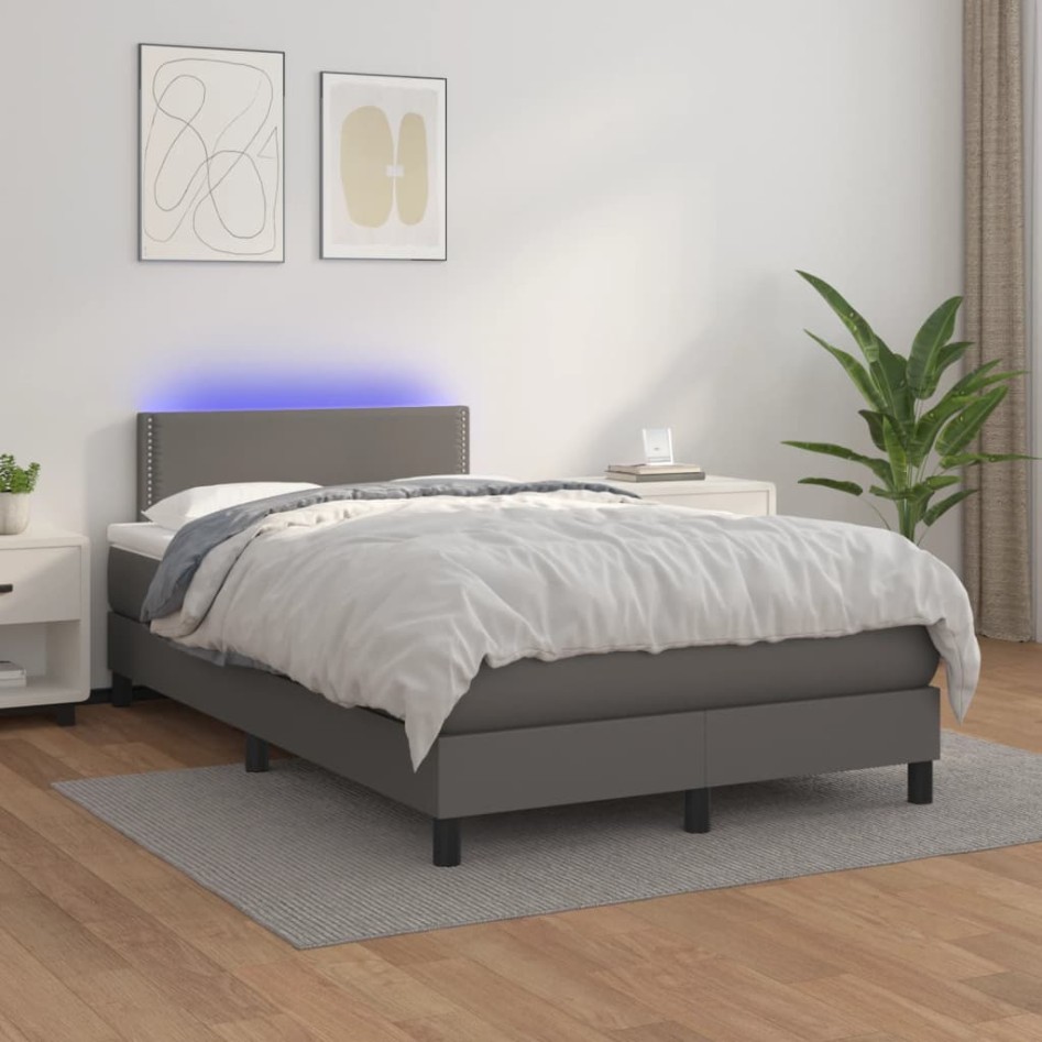 Cama box spring con colchón LED cuero sintético gris 120x190