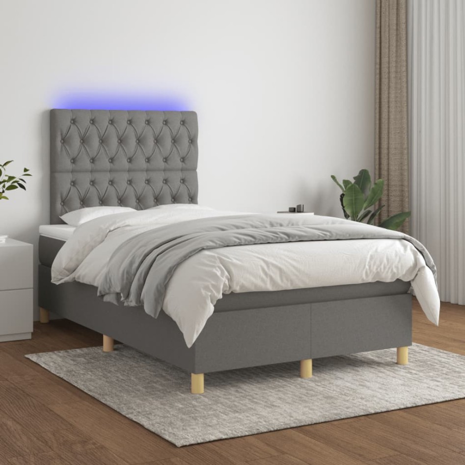 Cama box spring con colchón y LED tela marrón oscuro 120x190