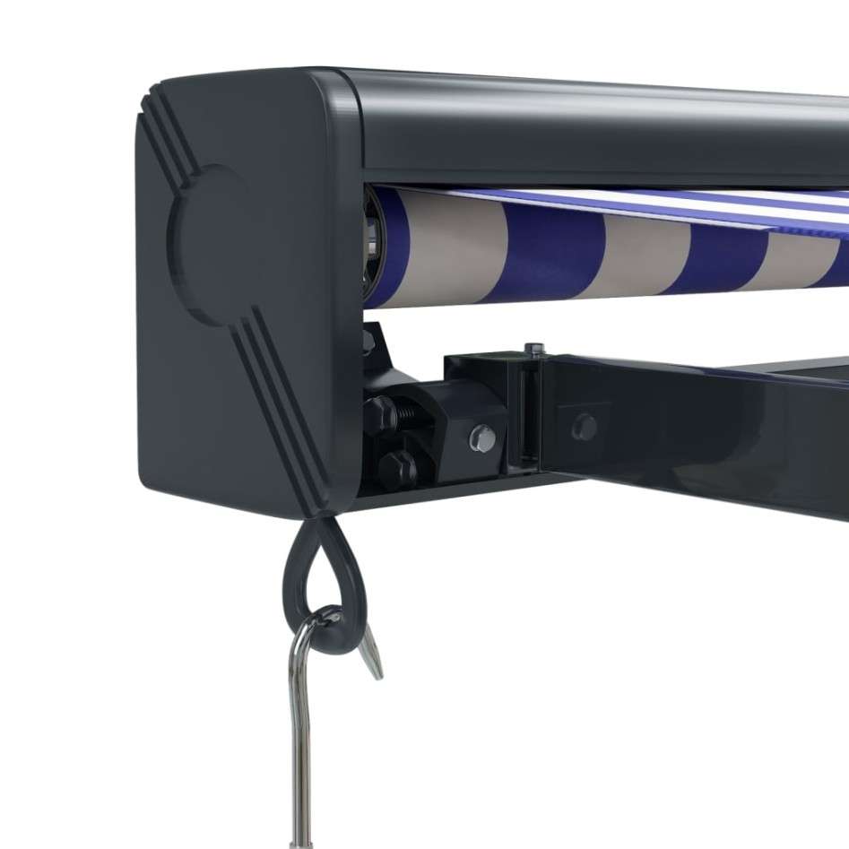 Toldo retráctil aluminio y tela azul y blanco 4x3