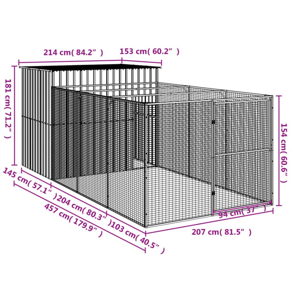 Caseta perros con corral acero galvanizado gris 214x457x181