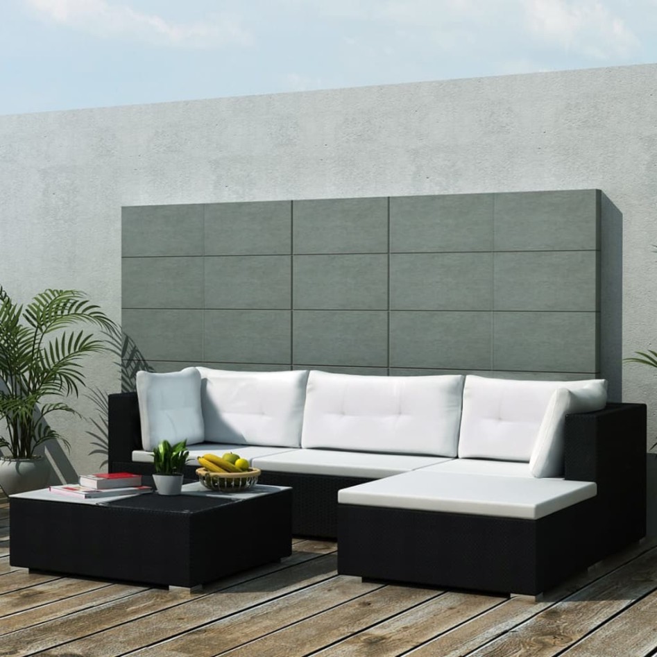 Set muebles de jardín 5 piezas y cojines ratán sintético