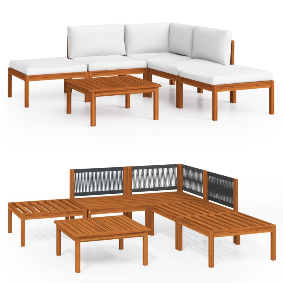Muebles de jardín 6 pzas cojines crema madera maciza de