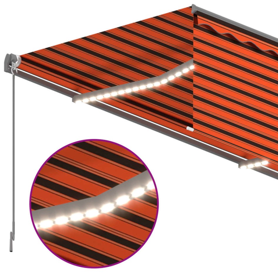 Toldo manual retráctil con persiana y LED naranja y marrón