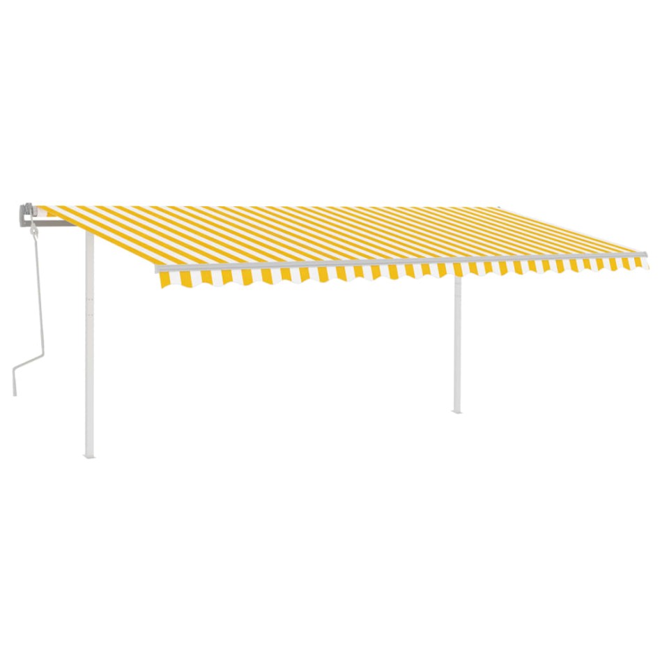 Toldo retráctil manual con postes amarillo y blanco 5x3,5