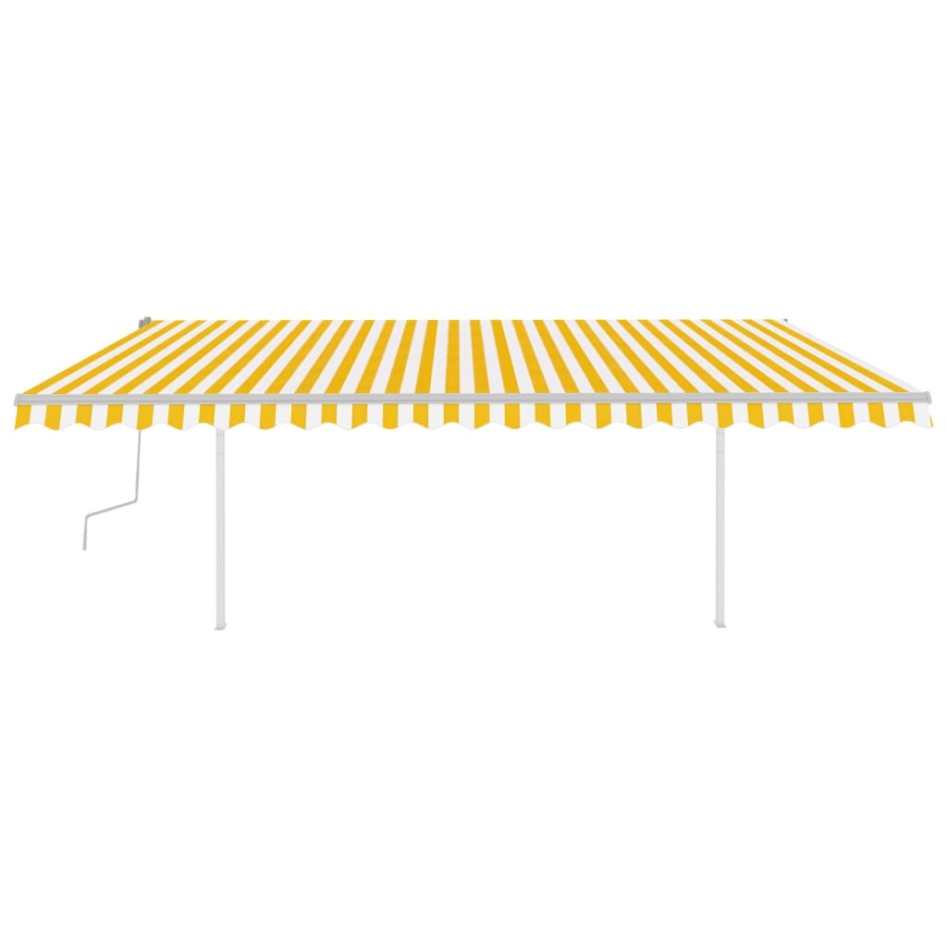 Toldo retráctil manual con postes amarillo y blanco 5x3,5