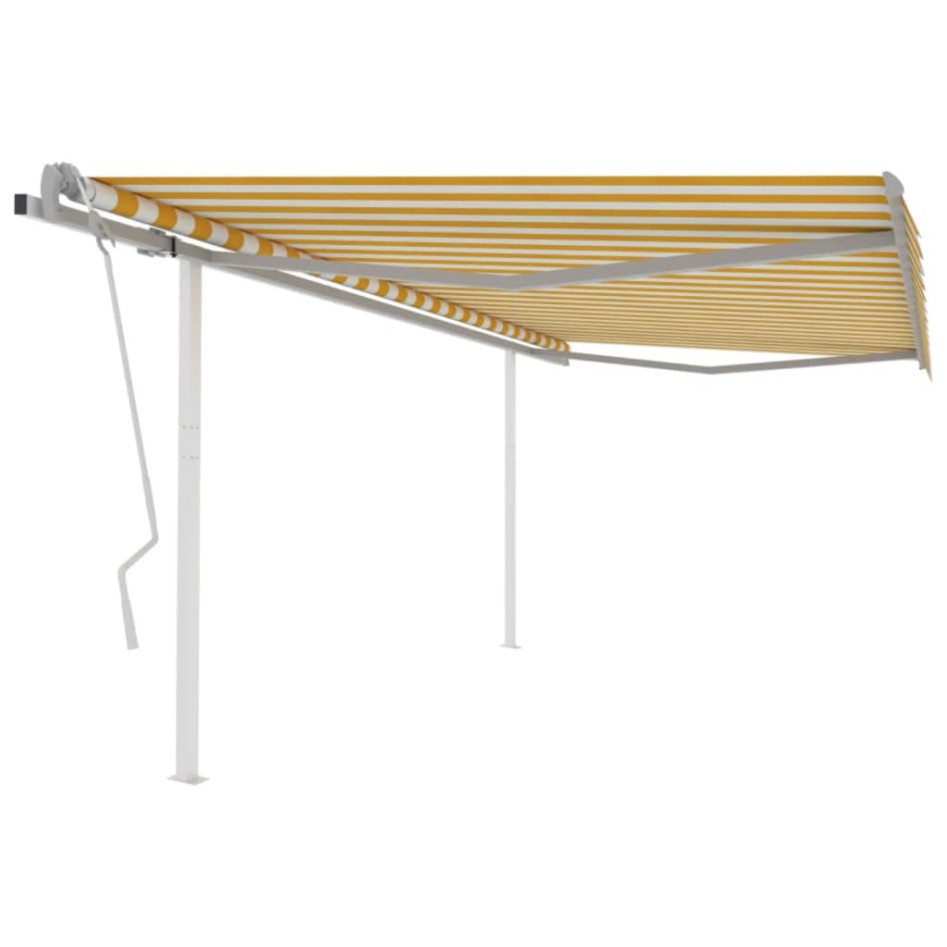 Toldo manual retráctil con postes amarillo y blanco 4x3,5