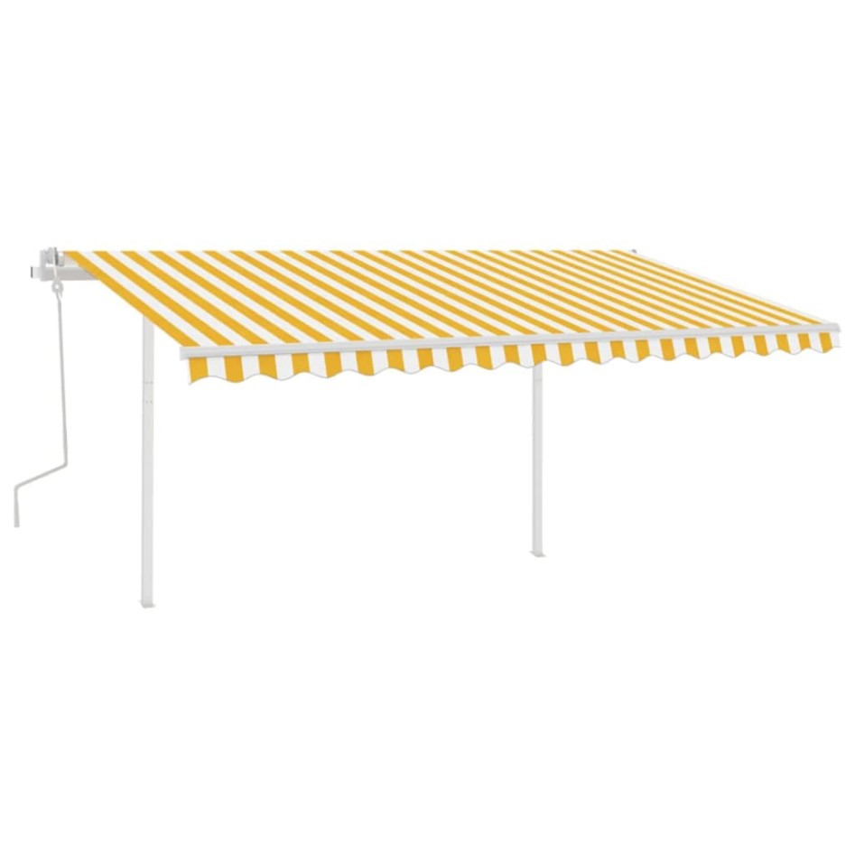 Toldo manual retráctil con postes amarillo y blanco 4x3,5