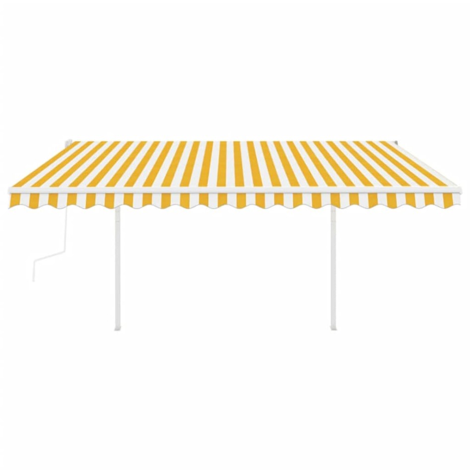 Toldo manual retráctil con postes amarillo y blanco 4x3,5